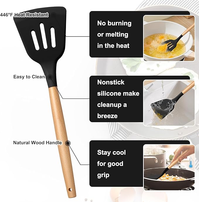 E-far Silicone Cooking Utensils Set, 5-Piece Black Kitchen Utensils Set with Wooden Handle for Cooking, Silicone Kitchen Nonstick Tools Spatula Turner Slotted Spoons, Nontoxic & Heat Resistant-Black - Image 3