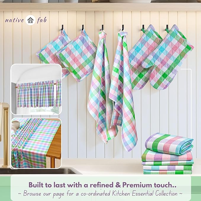 Native Fab 4 Piece Set - Gingham Check 2 Oven Mitts & 2 Potholders, Heat Resistant, 100% Cotton, Quilted Design, Non-Slip Grip, Ideal for Baking, Cooking, BBQ, Kitchen Protection, Multicolor - Image 5