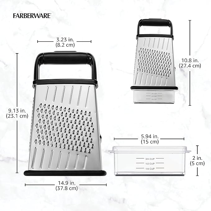 Farberware Professional 4-Sided Slim Stainless Steel Heavy Duty Kitchen Box Grater with Detachable Clear Storage Container, Perfect for Parmesan Cheese, Vegetables, Ginger, with Lemon Zester - Image 2