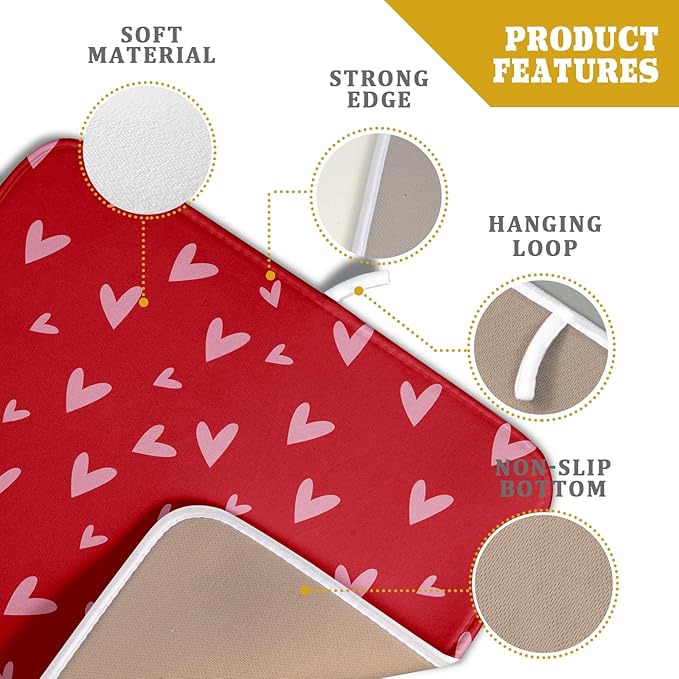 Valentines Dish Drying Mat for Kitchen Counter 16x18 Inch Valentine's Day Red Pink Love Heart Print Absorbent Reversible Microfiber Drying Mats Kitchen Countertop Protector Dishes Drainer Rack Pad - Image 4