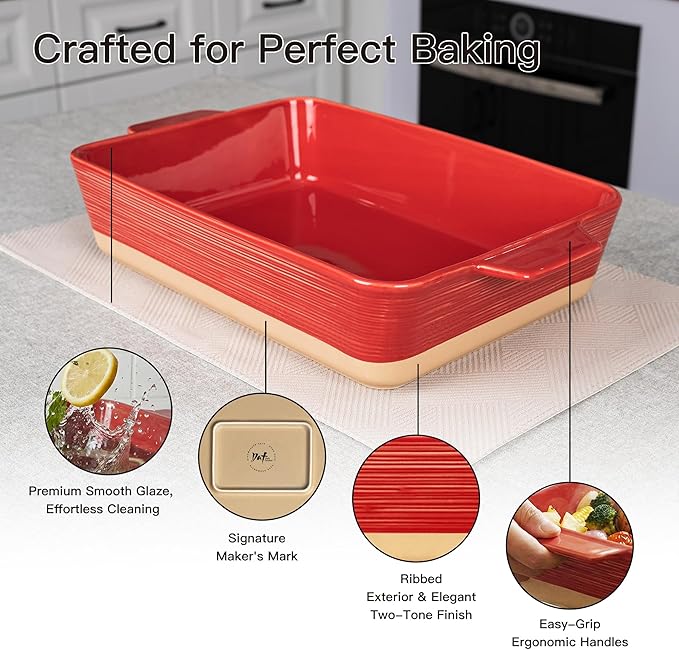 Dafuceramic Casserole Dish for Oven, 4.2 QT Baking Dish, 9x13 Large Porcelain Baking Pan, Durable Rectangular Lasagna Pan Deep with Handles, Microwave Oven Safe, Home Decor, Wedding Gift,(Khaki & Red) - Image 5