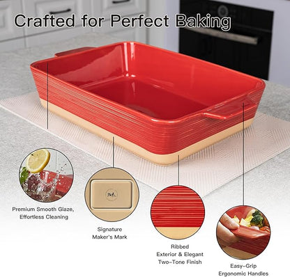 Dafuceramic Casserole Dish for Oven, 4.2 QT Baking Dish, 9x13 Large Porcelain Baking Pan, Durable Rectangular Lasagna Pan Deep with Handles, Microwave Oven Safe, Home Decor, Wedding Gift,(Khaki & Red) - Image 5
