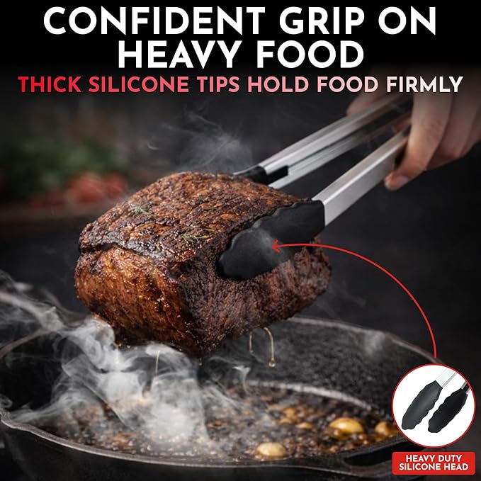 Kitchen Tongs with Silicone Tips Set of 3 Heat Resistant Tongs for Serving Food, 7-Inch, 9-Inch, 12-Inch Locking Silicone Tongs for Cooking, Salad Tong, Black Kitchen Utensils - Image 3