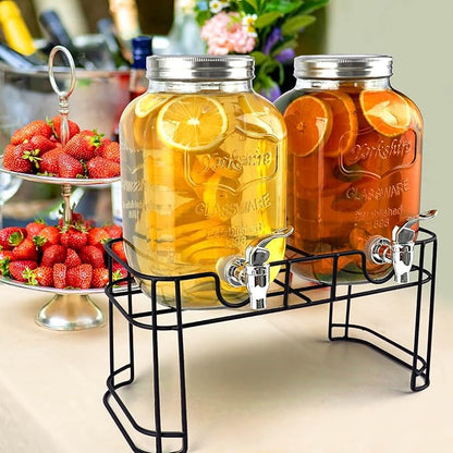 2 Pack 1 Gallon Drink Dispenser with Stainless Steel Spigot, Sun Tea Glass Mason Jar for Outside, Iced Lemonade Beverage Dispenser with Ice Core, Large Water Juice Jug, Punch Dispenser for Parties