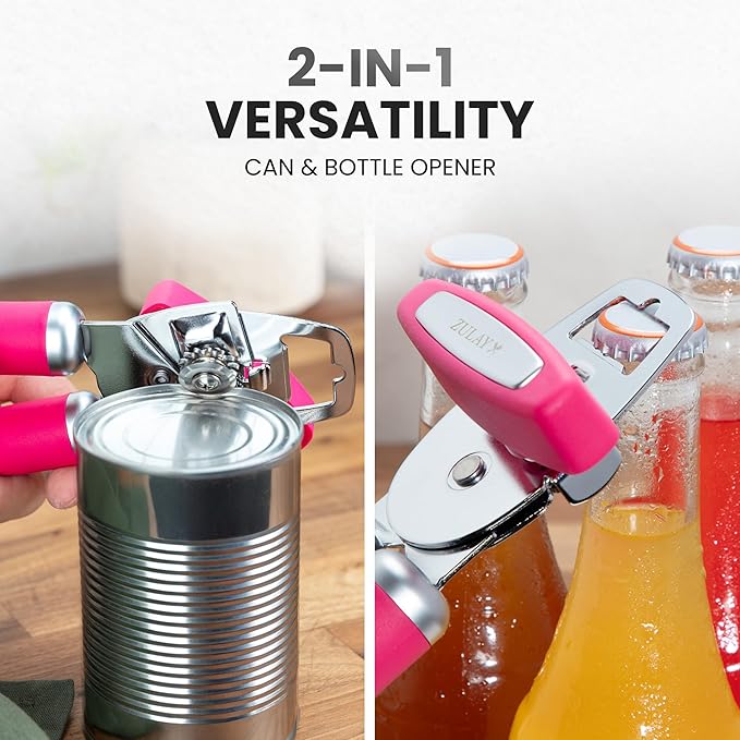 Zulay Kitchen Heavy Duty Stainless Steel Can Opener Manual with Bottle Opener - Rust Proof Manual Can Opener With Turn Knob & Comfy Soft Grip Handles - Dragonfruit - Image 7