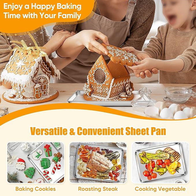 Homikit 2 Pack Baking Sheet, 9 x 13 Inches Stainless Steel Quarter Sheet Pan Set for Baking Cooking Toasting, Metal Cookie Tray Fits Toaster Oven, Non Stick & Rust Free, Dishwasher Safe - Image 9