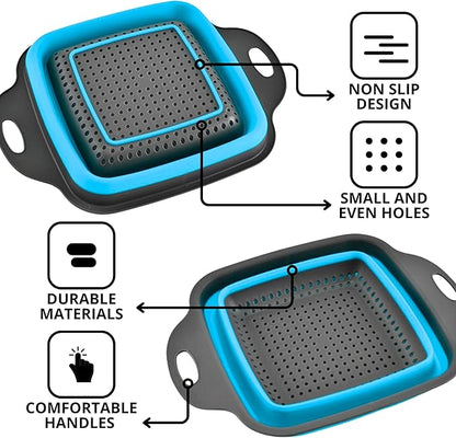 Square Collapsible Colander with Handles – Blue Square Silicone Kitchen Strainers with Plastic Handles Foldable Kitchen Strainer Perfect for Draining Pasta Vegetable and Fruit Blue