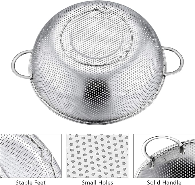 P&P CHEF Colander Set of 3, Stainless Steel Micro-Perforated Colanders Strainers for Draining Rinsing Washing, Ideal for Pasta Vegetables Fruits, Heavy Duty & Dishwasher Safe - 1/3/5 Quart - Image 3