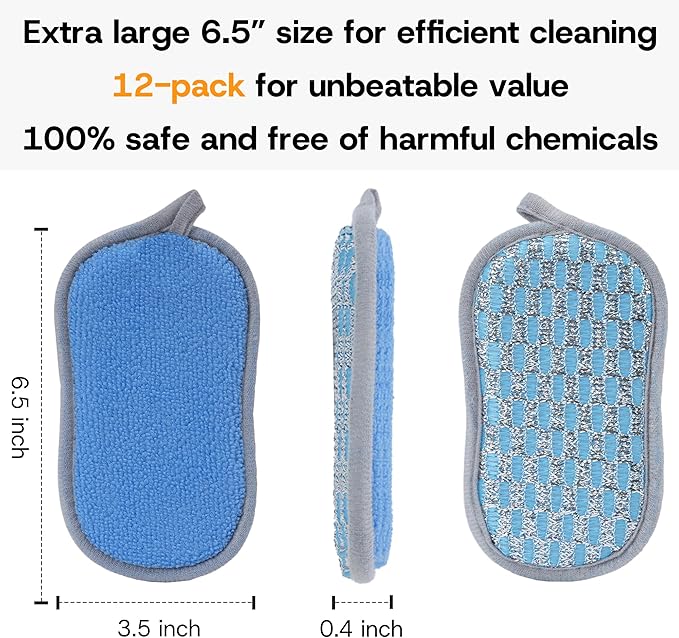 Multi-Purpose Scrub Sponges Kitchen – 12 Pack Dish Sponge, Dual-Sided Non-Scratch Microfiber & Metal Scrubber, Reusable Sponges for Dishes, Pots, Glass, Sink, Stovetop & Bathroom (Blue) - Image 8