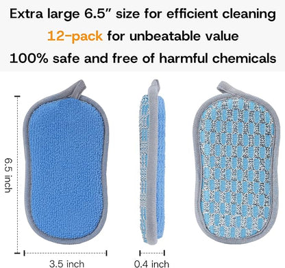 Multi-Purpose Scrub Sponges Kitchen – 12 Pack Dish Sponge, Dual-Sided Non-Scratch Microfiber & Metal Scrubber, Reusable Sponges for Dishes, Pots, Glass, Sink, Stovetop & Bathroom (Blue) - Image 8