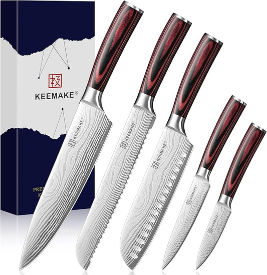 KEEMAKE Knife Set 5 Pieces, Professional Kitchen Knife Set, High Carbon Stainless Steel Chef Knife Set, Ultra Sharp Blade Knives Set for Kitchen with Ergonomic Pakkawood Handle & Gift Box