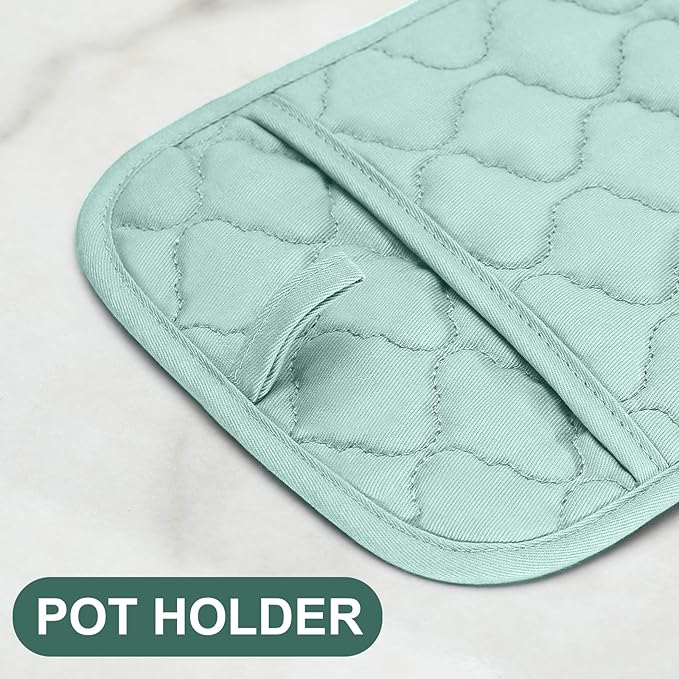 Oven Mitts Pot Holders Sets/Kitchen Towels and Dishcloths, Oven Gloves Kitchen Dish Towels 500 Degree Heat Resistant Potholders with Non-Slip Silicone Surface for Cooking, Grilling, Baking-Mint Green - Image 4
