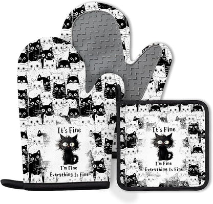 Black Cat Oven Mitts and Pot Holders Sets 3PCS, Cat Silicone Heat Resistant Oven Mitts Birthday Gifts for Cats Lover, Cute Cats Pot Holder Non-Slip Silicone Oven Gloves for Mom Wife Sister BFF