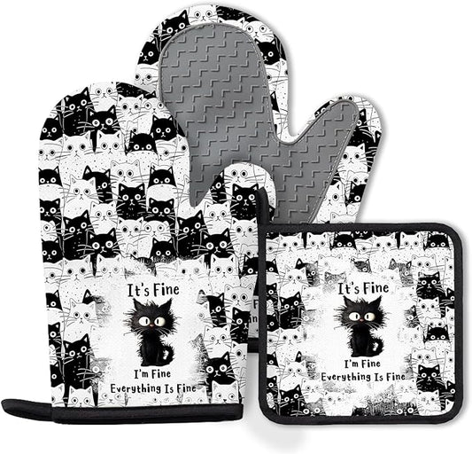 Black Cat Oven Mitts and Pot Holders Sets 3PCS, Cat Silicone Heat Resistant Oven Mitts Birthday Gifts for Cats Lover, Cute Cats Pot Holder Non-Slip Silicone Oven Gloves for Mom Wife Sister BFF