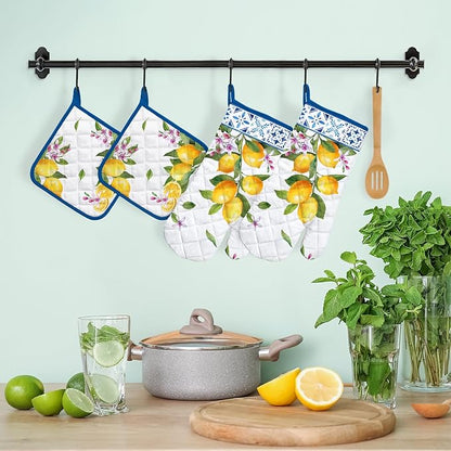 Summer Lemon Oven Mitts and Pot Holders Sets 4Pcs, 100% Cotton Heat Resistant, Extra Long Oven Gloves Potholder for Kitchen Cooking Baking Decoration, Housewarming Gifts for Mom - Image 5