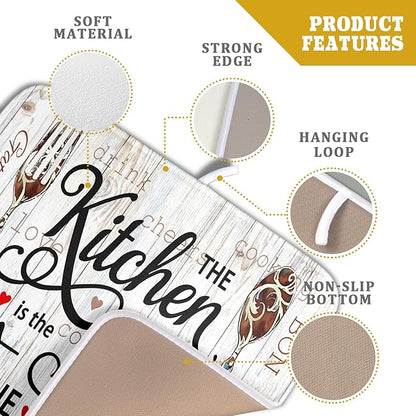 Giwawa 16"x18" Dish Drying Mat The Kitchen is The Heart of The Home- Knife Fork Cutlery Dish Drainer Mats- Rustic Wood Board Reversible Microfiber Dish Drying Pad for Kitchen Countertop Decor