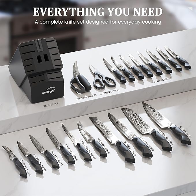 Amorston 22 Pieces Knife Set, Laser Engraved High Carbon Stainless Steel Knife Block Set, Full Tang Professional Kitchen Knife Set with Built-in Sharpener, Mothers Day Gifts for Kitchen - Image 2