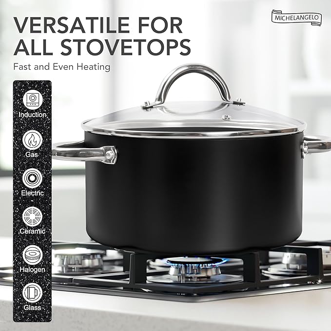 MICHELANGELO Stock Pot with Lid, Nonstick Cooking Pot, 6 Quart Soup Pot with Lid, Non Stick Pots with Stainless Steel Handle, Induction Compatible, Black - Image 2