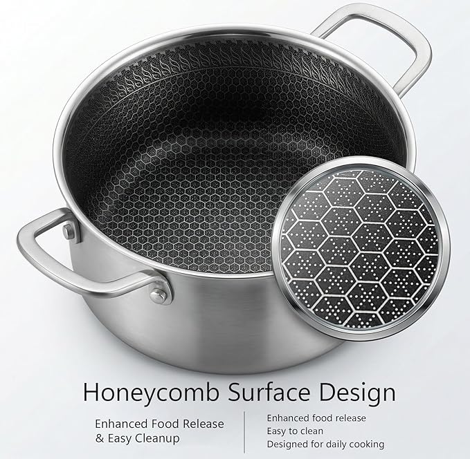 4.6 Qt Stainless Steel Stock Pot with Lid, 3-Ply 18/10 Hybrid Honeycomb Nonstick Soup Pot, 9.4 Inch Induction Pasta Pot for Simmering, Boiling & Stewing