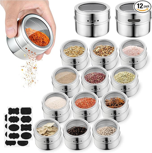 12pcs Stainless Steel Spice Jars, Magnetic Condiment Tins Magnetic Spice Jar With Clear Lid And Holes Sift&Pour - Easy To Clean by Unknown