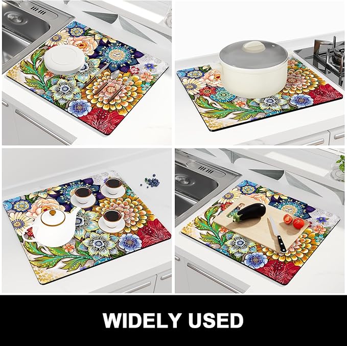 Rnivvi Dish Drying Mat for Kitchen Counter, 16 x 18" Cute Flower Theme Absorbent Heat Resistant Drying Pad with Non-slip Rubber, Coffee Bar Mats for Coffee Machine Dish Rack, Mandala Floral - Image 7