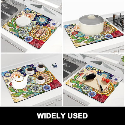 Rnivvi Dish Drying Mat for Kitchen Counter, 16 x 18" Cute Flower Theme Absorbent Heat Resistant Drying Pad with Non-slip Rubber, Coffee Bar Mats for Coffee Machine Dish Rack, Mandala Floral - Image 7