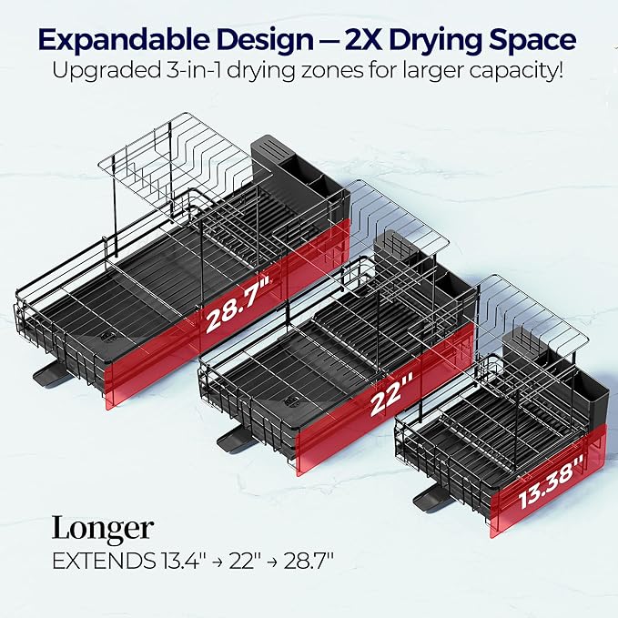 Large Dish Drying Rack, Expandable Dish Rack for Kitchen Counter, Dish Drainer with Drainboard Set, Multifunctional Dishrack with Utensil & Cup Holder, 13.4"-28.7" L x 11.8" W x 9.3" H, Black - Image 5