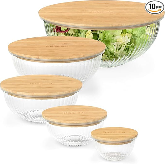 Stackable Space-Saving Set of 5 Nesting Glass Bowls with Bamboo Lids for Foodprep, Storage, Baking, Mixing & Cooking, Microwave & Oven Safe BPA Free Heat Resistant Inert Borosilicate Glass by Dokaworld