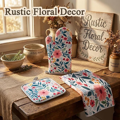 3 Piece Kitchen Towels and Oven Mitts Sets, Absorbent Microfiber Dish Towel with Heat Resistant Pot Holders and Oven Gloves, Vintage Farmhouse Floral Decor, Rustic Cooking Baking Gifts for Women