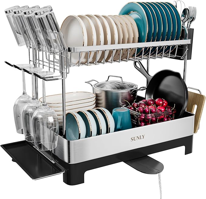 SUNLY 2 Tier Dish Drying Rack, Extra Large Dish Rack, Multifunctional Large Dish Drainers for Kitchen Counter, 304 Stainless Steel Kitchen Drying Rack, Bowl Drying Rack, Extendable Drain Spout, Black by SUNLYHOME