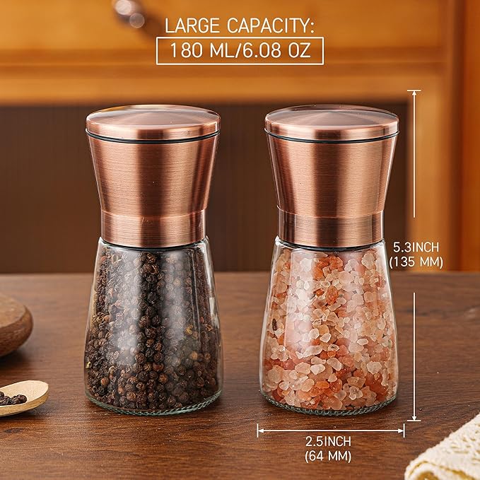 DAVIMADE Short Copper Salt and Pepper Grinder Set of 2，Refillable Adjustable Coarseness Stainless Steel Glass Bottle, Pepper Mills W/Funnel for Kitchen