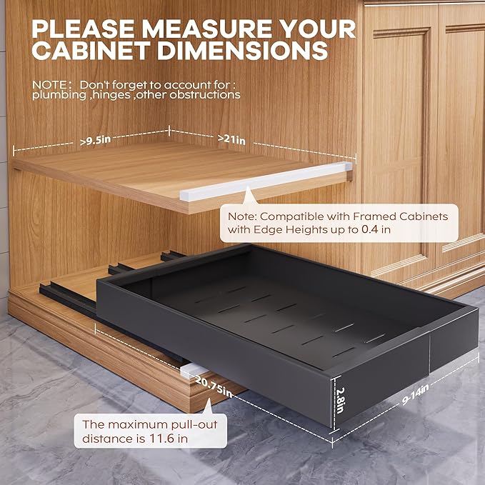 Seinloes 4 Pack Expandable Width (9"-14.1") Pull Out Cabinet Organizer 21" Deep with Raising Pad for Framed Cabinets, Upgrade 3 Slide Rails Slide Out Drawers, Roll Out Shelves Adhesive, Black - Image 4