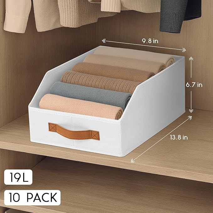 Homsorout Fabric Storage Bins for Organizing - 10 Pack Large Trapezoid Collapsible Storage Bins with Front Handle, Closet Organizers and Storage for Bedroom, Home Shelves, Small Spaces, White - Image 2