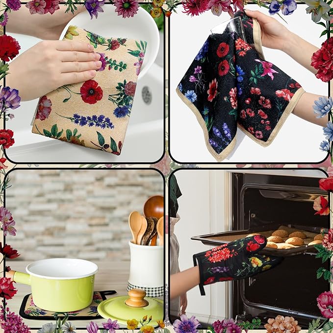 Bencailor 6 Pcs Vintage Wildflower Kitchen Towels Oven Mitts and Pot Holders Set Decorative Dish Towels Tea Washcloth Non Slip Heat Resistant Oven Gloves for Summer Home Cooking Baking, Cute Color - Image 6