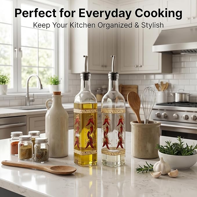 Topadorn 17 oz Olive Oil Dispenser Bottle Set for Kitchen, 2 Pcs Glass Oil Dispenser Bottle with Stainless Steel Pourers, 2 Packs of Napkins, Chili