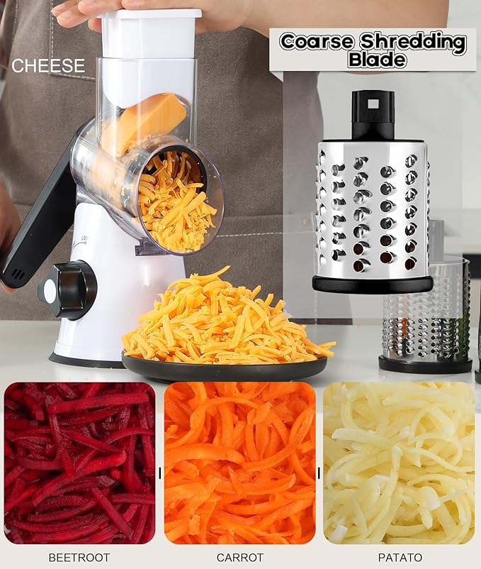 Ourokhome Rotary Cheese Grater Hand Crank, Kitchen Shredder Speed Mandolin Slicer Nuts Grinder with Handle and Drum Blades for Cheese, Vegetable, Walnuts, Chocolate, Potato, 3 Blades, White Black - Image 3