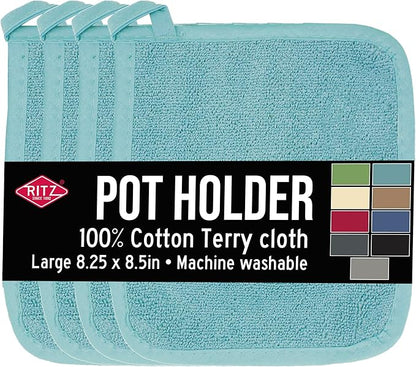 RITZ Terry Potholder & Hot Pad: Unparalleled Heat Resistant, Durable 100% Cotton – Ergonomically Designed for Optimal Grip – Easy-Care Machine Washable – 4-Pack, Dew by Ritz+Foodservice