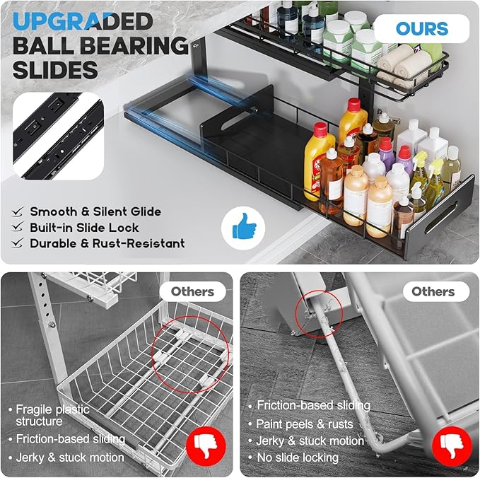 Under Sink Organizer Upgrade To Professional Rails,2-Tier Dual Pull Out Cabinet Storage,Height Adjustable Slide Out Drawers For Bathroom Kitchen,2 Pack-21"Dx12.8"-16.9"H,Black - Image 3