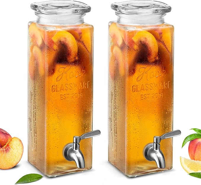 Kook Glass Drink Dispenser, with Leak-Proof Stainless Steel Spigot, Clear Rectangular Mason Jar, Beverage Storage for Fridge, for Water, Iced Tea, Sangria, Lemonade, 80 oz (2) by Kook
