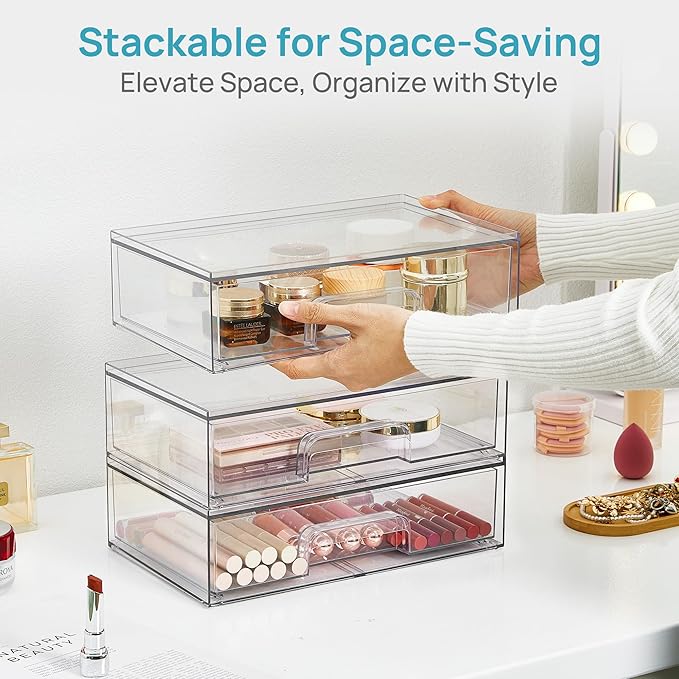 Vtopmart 12.1''W Clear Stackable Storage Drawers,2 Pack Acrylic Plastic Organizers Bins for Makeup Palettes, Cosmetics, and Beauty Supplies,Ideal for Vanity, Bathroom,Cabinet,Desk Organization - Image 6