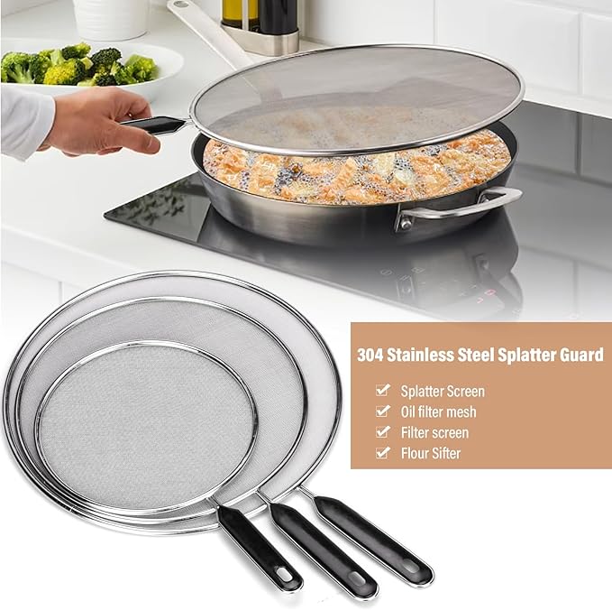 Splatter Screen for Frying Pan 13" 11.5" 9.8" Stainless Steel Fine Mesh Grease Splatter Guard with Comfort Silicone Handles and Resting Feet for Prevent Oil Splatter Safe Cooking - Image 5