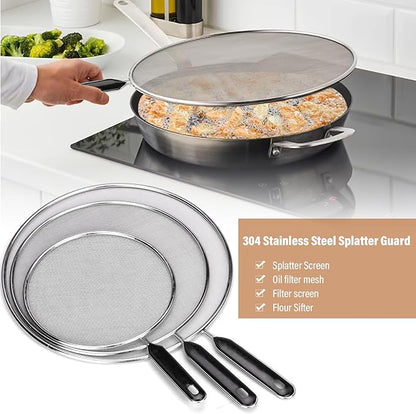 Splatter Screen for Frying Pan 13" 11.5" 9.8" Stainless Steel Fine Mesh Grease Splatter Guard with Comfort Silicone Handles and Resting Feet for Prevent Oil Splatter Safe Cooking - Image 5
