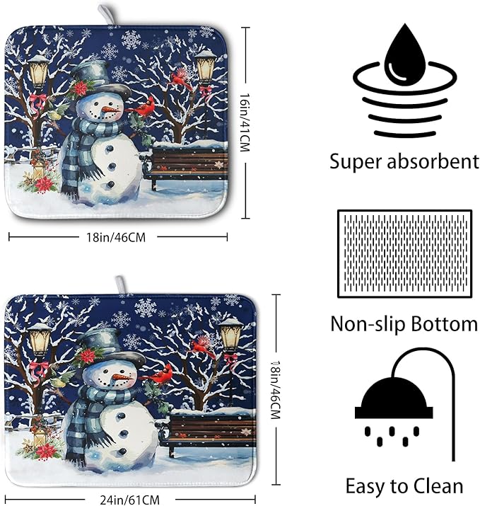 Winter Snowman Dish Drying Mat for Kitchen Counter 16x18, Xmas Snowflakes Dish Drainer Mat Snowy Night Drying Kitchen Mats Cardinal Birld Dish Pad Absorbent Reversible Coffee Mats for Dishes - Image 2