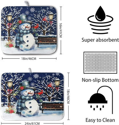 Winter Snowman Dish Drying Mat for Kitchen Counter 16x18, Xmas Snowflakes Dish Drainer Mat Snowy Night Drying Kitchen Mats Cardinal Birld Dish Pad Absorbent Reversible Coffee Mats for Dishes - Image 2