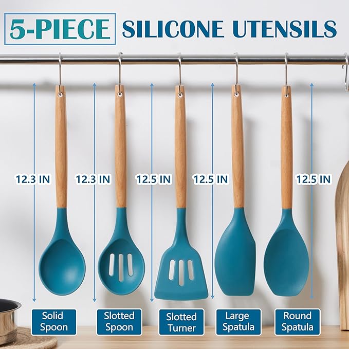 E-far Silicone Cooking Utensils Set, 5-Piece Kitchen Utensils Set with Wooden Handle for Cooking, Silicone Kitchen Nonstick Tools Spatula Turner Slotted Spoons, Nontoxic & Heat Resistant-Blue - Image 2