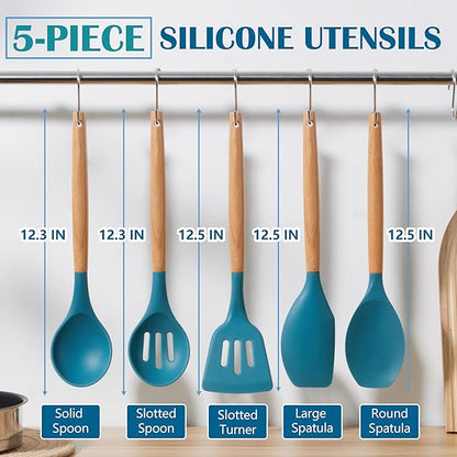 E-far Silicone Cooking Utensils Set, 5-Piece Kitchen Utensils Set with Wooden Handle for Cooking, Silicone Kitchen Nonstick Tools Spatula Turner Slotted Spoons, Nontoxic & Heat Resistant-Blue - Image 2