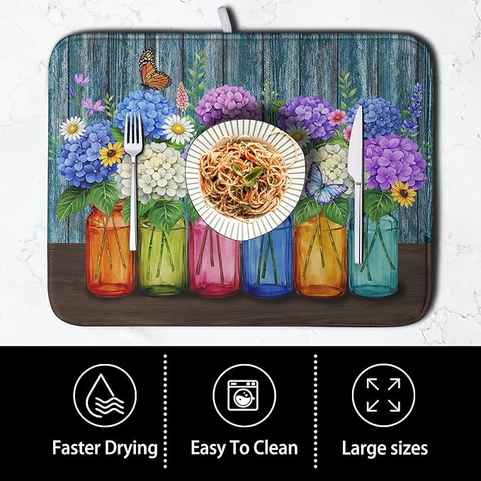 Hydrangea Dish Drying Mat Spring Summer Floral Jars Kitchen Drying Mats for Countertops Vintage Flower Vases Dish Draining Mat Microfiber Absorbent Dish Rack Pad 18x24 Inch - Image 4