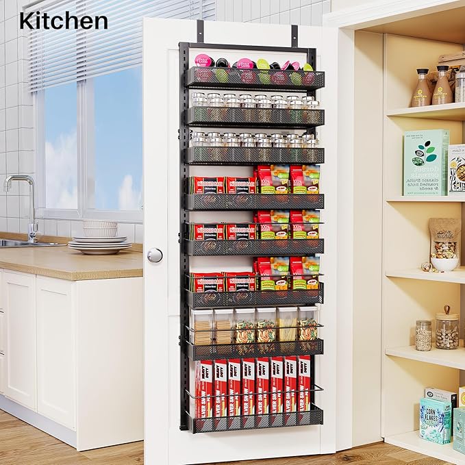 SNTD 8 Tiers Over the Door Organizer - Height Adjustable Pantry Organizers and Storage with Dense Mesh Baskets, Anti-Swing Hanging Door Spice Rack for Kitchen Bathroom (Black, 17" W x 6" D x 69" H) - Image 8