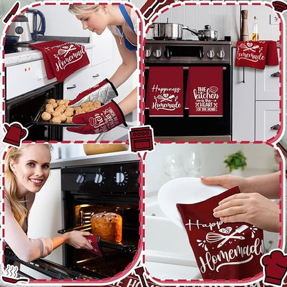 Sratte 6 Pcs Kitchen Decor Accessories Set Farmhouse Towels Pot Holders Oven Mitts Set 2 Dish Towels 2 Potholders 2 Cooking Mittens Oven Glove for Christmas Baking Cooking(Wine Red,Kitchen) - Image 5