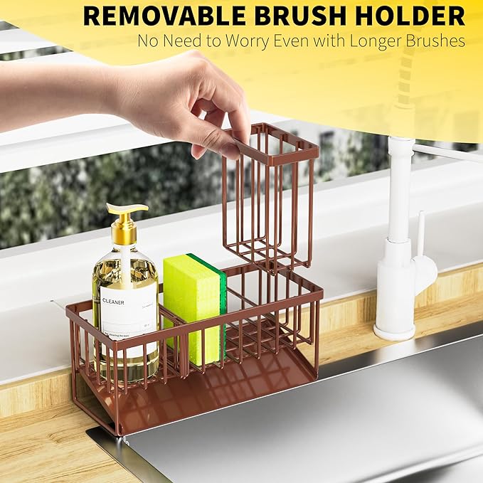 Cisily Kitchen Sink Caddy, Sponge Holder for Kitchen Sink, Kitchen Sink Organzier and Storage with High Brush Holder, Rustproof 304 Stainless Gadgets Sink Accessories(Brown) - Image 4
